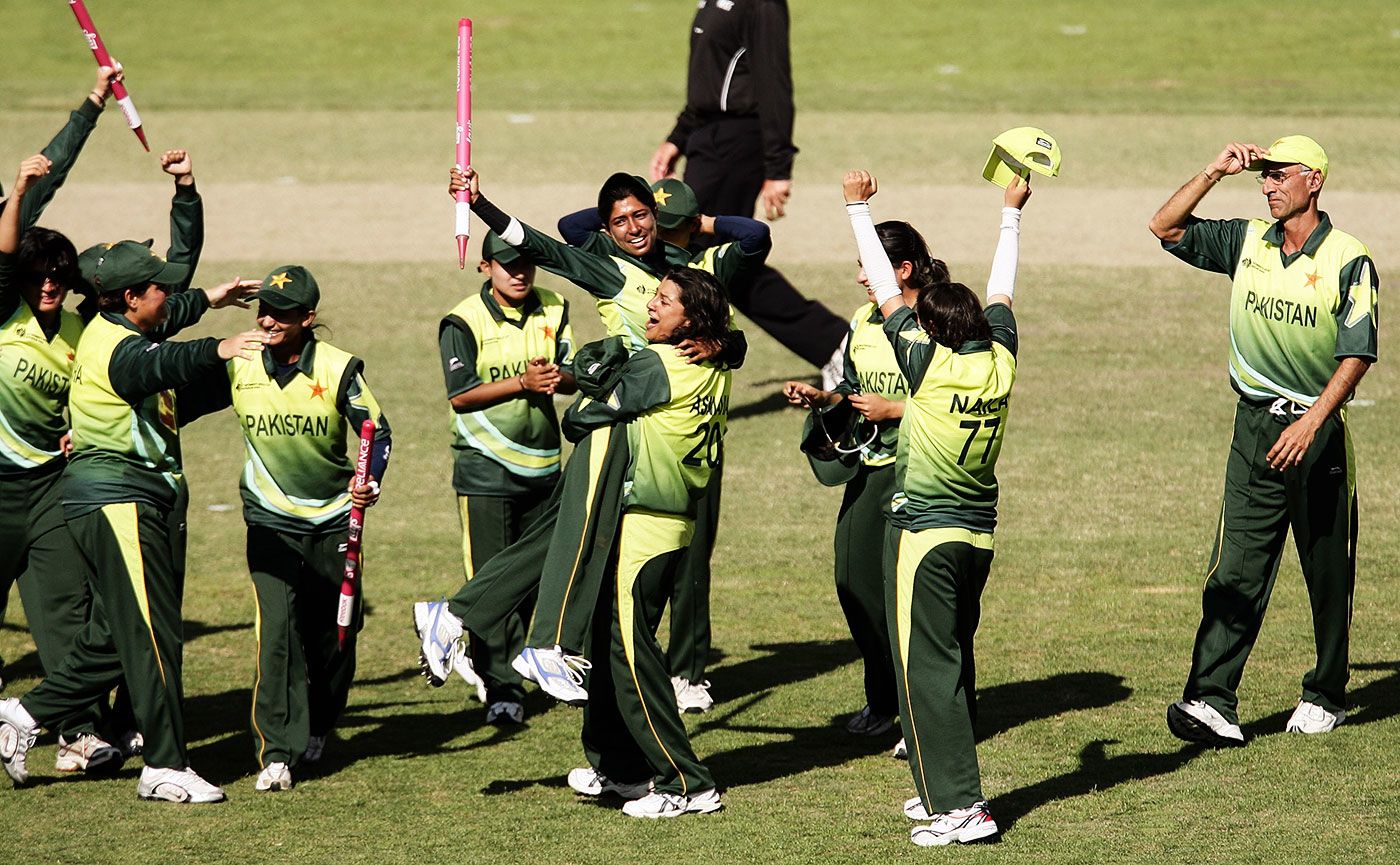 Asmavia Iqbal lifts her captain Urooj Mumtaz in celebration after the victory over Sri Lanka