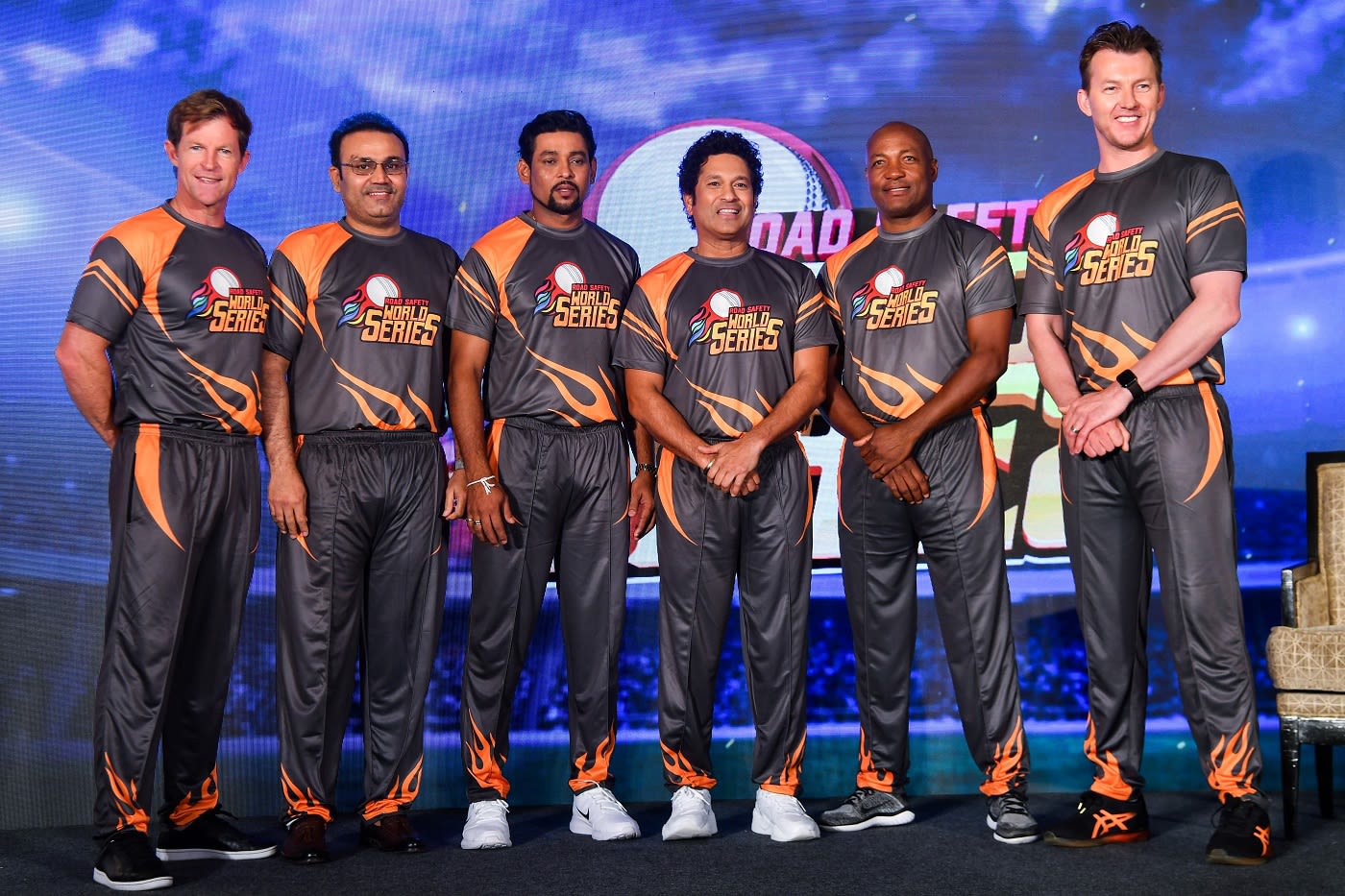 Jonty Rhodes, Virender Sehwag, Tillakaratne Dilshan, Sachin Tendulkar, Brian Lara and Brett Lee pose at an event to promote the Road Safety World Series T20 cricket league