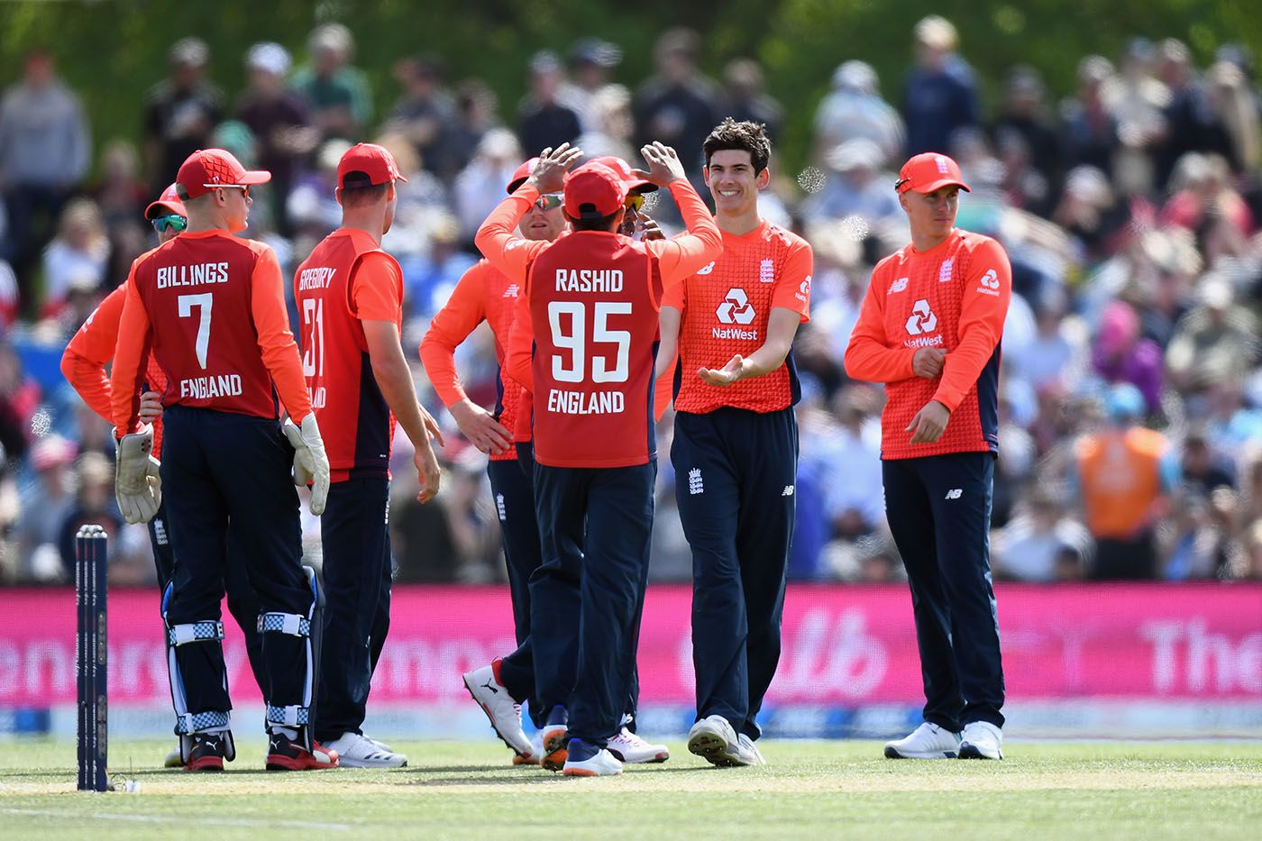 Pat Brown celebrates his first international wicket