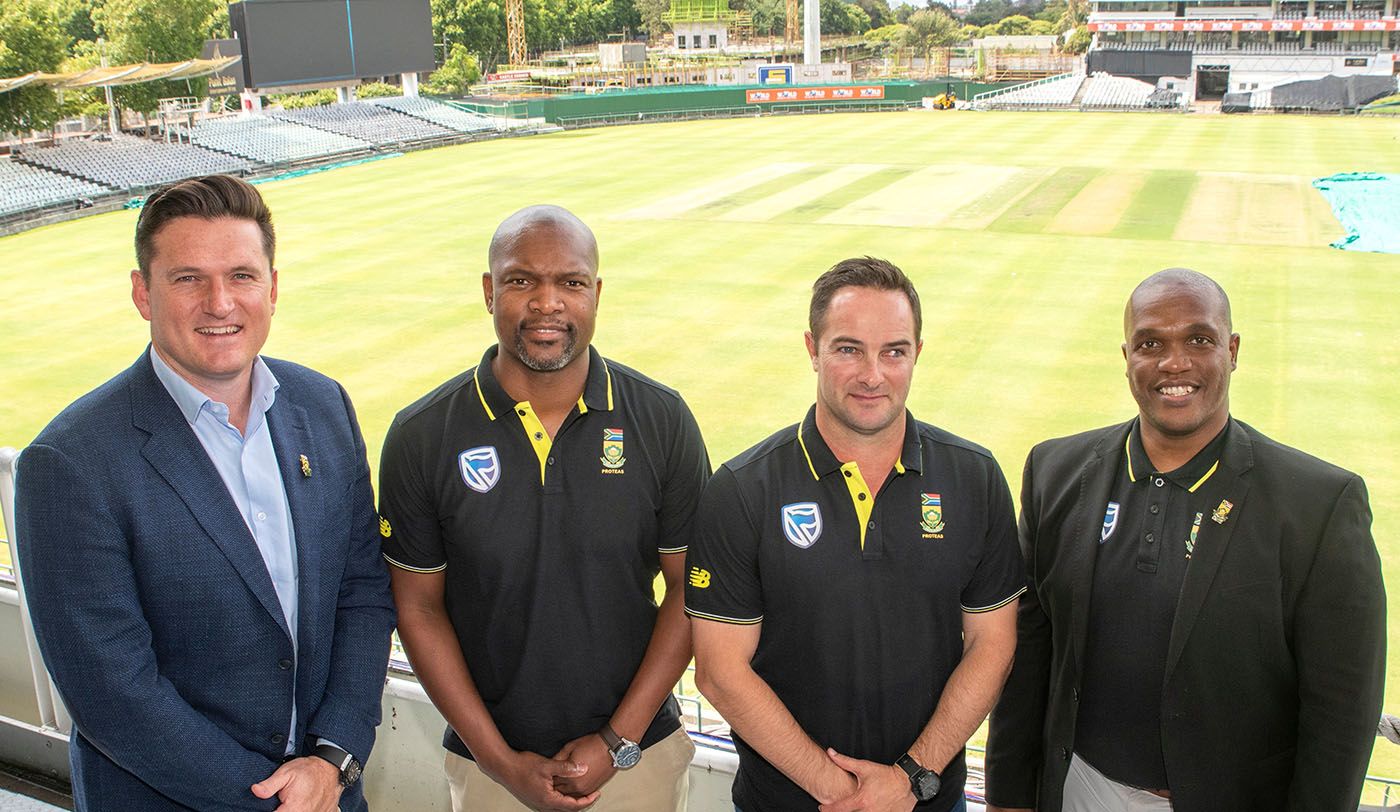 Graeme Smith, Enoch Nkwe, Mark Boucher and Linda Zondi at the unveiling of South Africa's new coaching structure