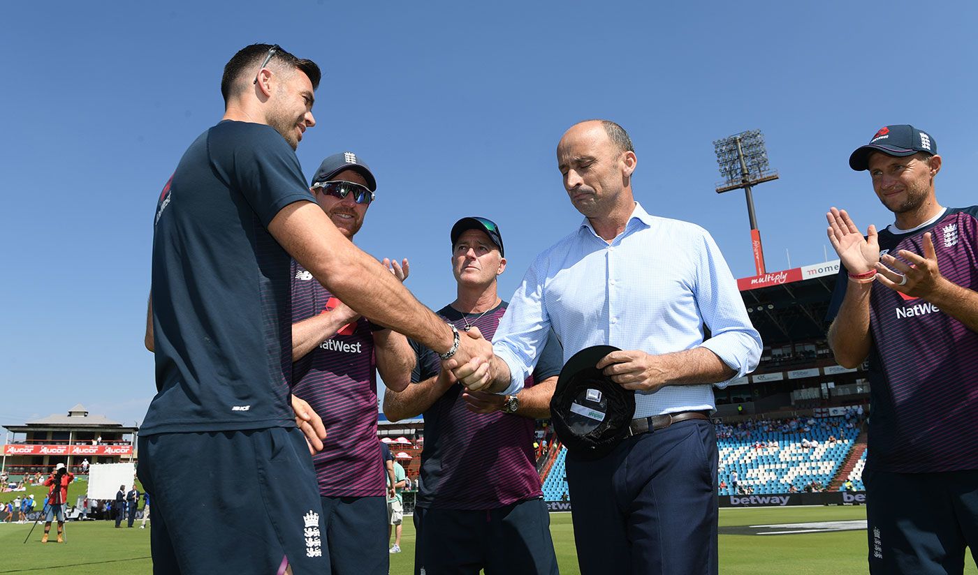 James Anderson receives his 150th Test cap from Nasser Hussain