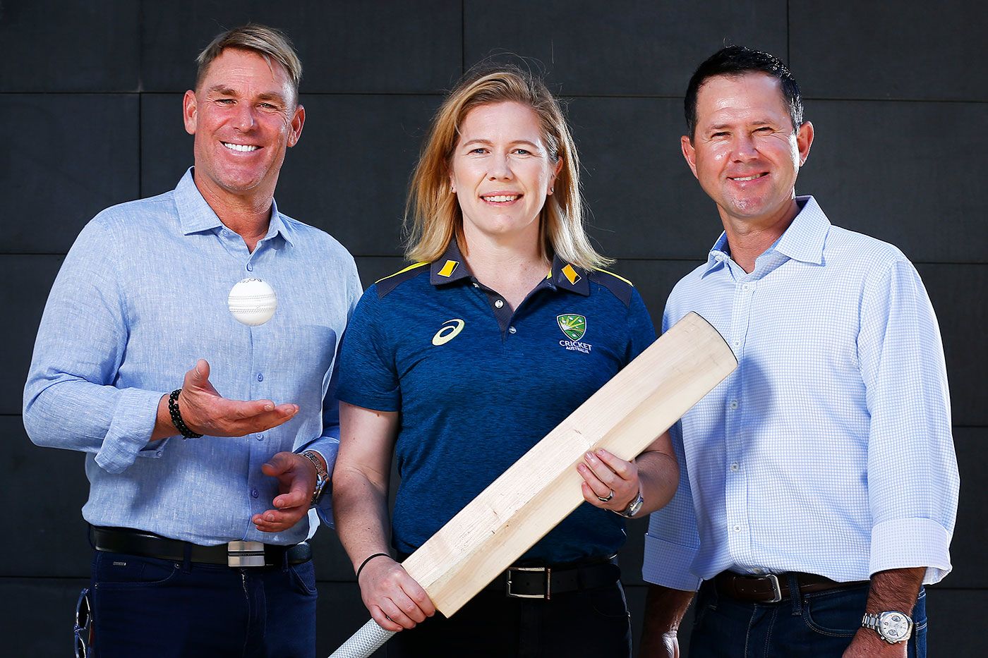 Shane Warne, Alex Blackwell and Ricky Ponting at the announcement of the bushfire relief match