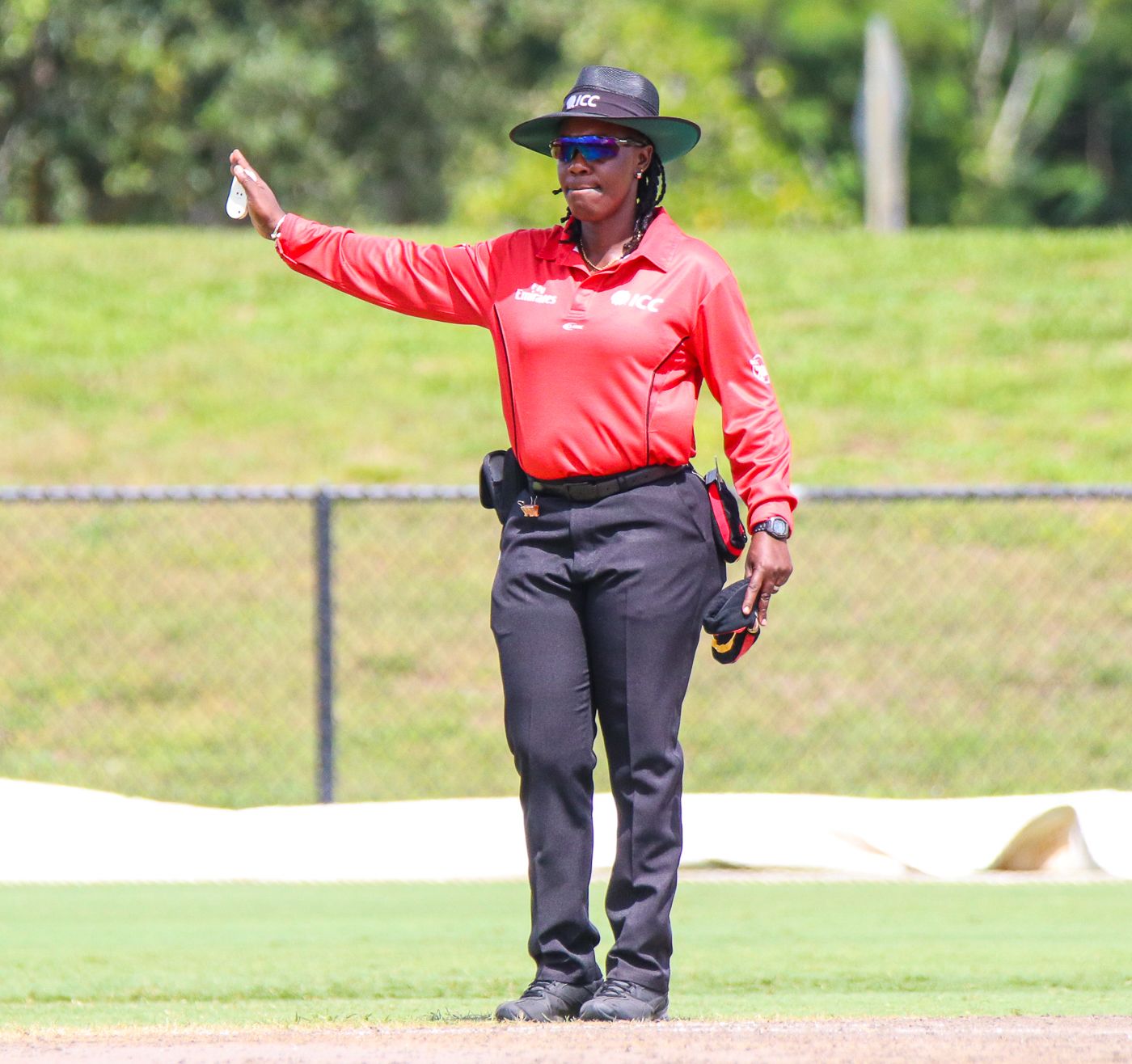 Umpire Jacqueline Williams signals a no ball while standing in her first men's ODI series