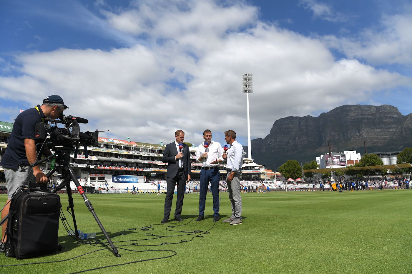 Shaun Pollock, Michael Atherton and Ian Ward film a bit for Sky Sports