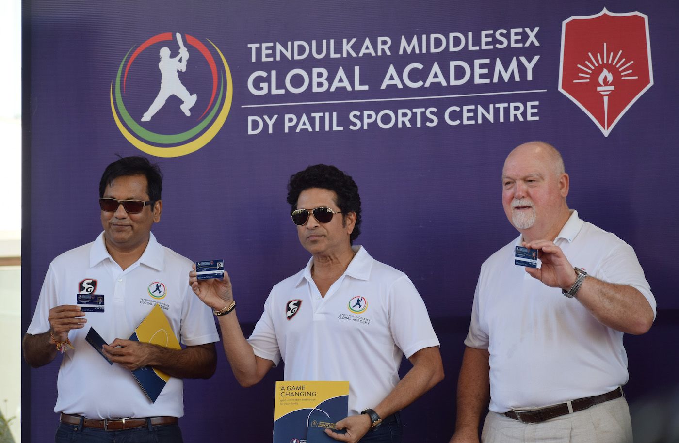 Vijay Patil, Sachin Tendulkar and Mike Gatting at the Tendulkar Middlesex Global Academy