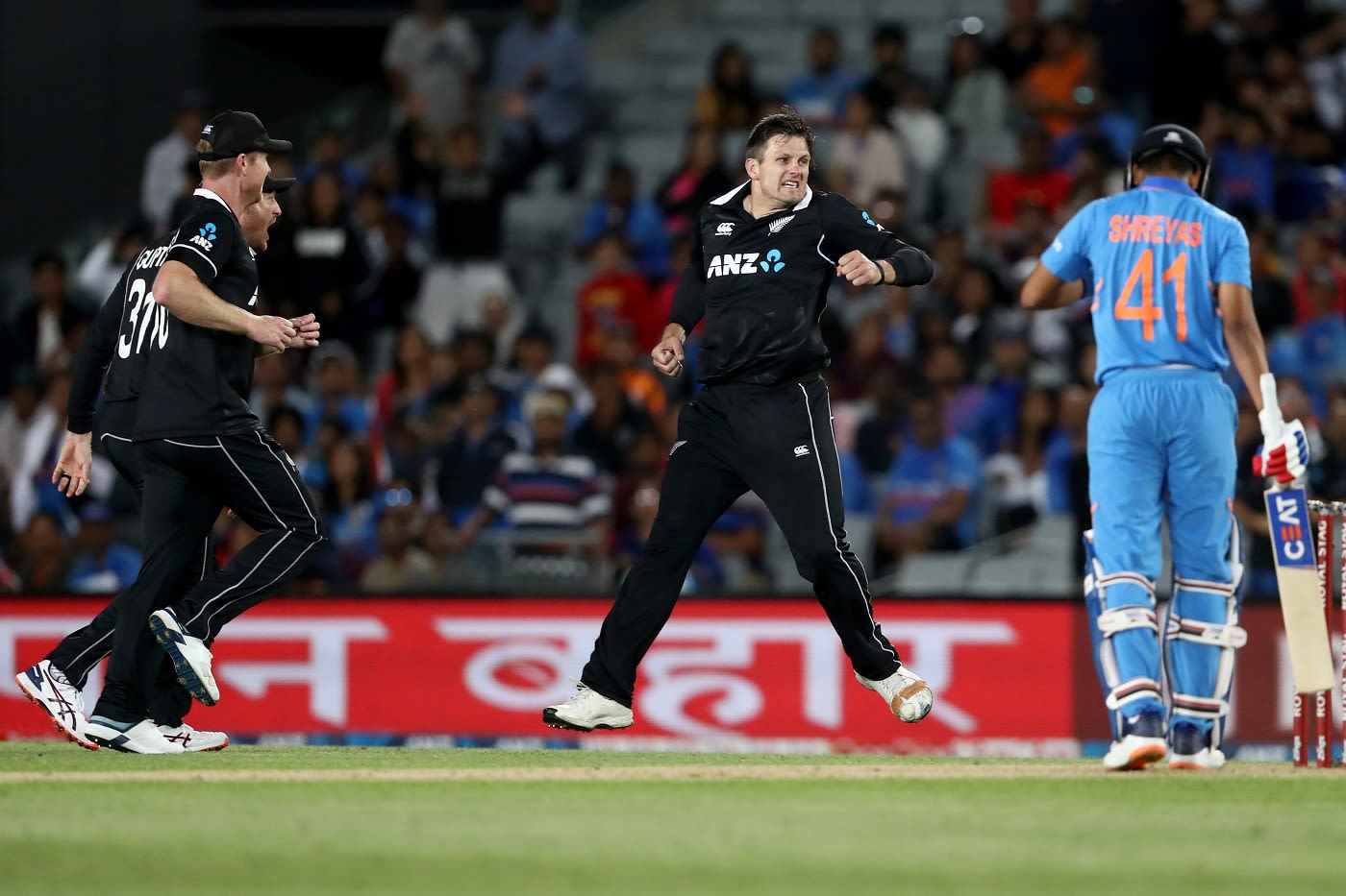 Hamish Bennett is pumped after sending back Shreyas Iyer