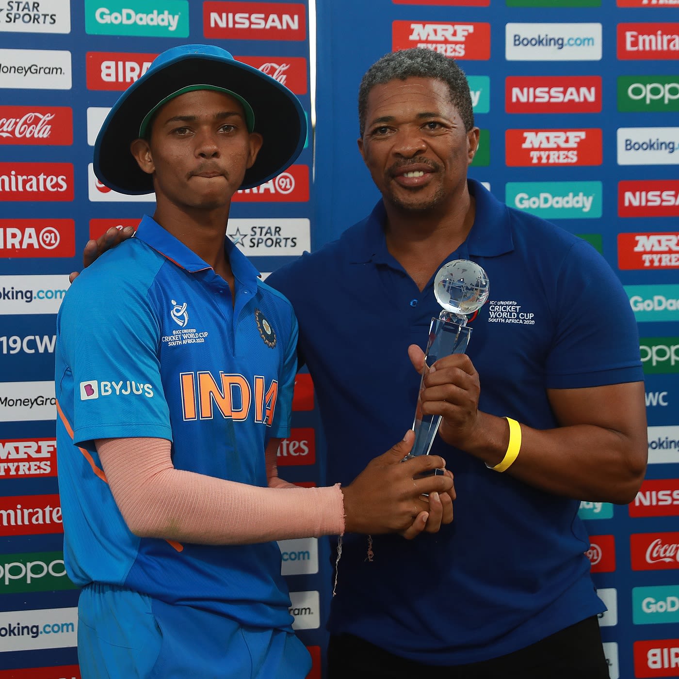 Yashaswi Jaiswal receives Man-of-the-Tournament award from Makhaya Ntini