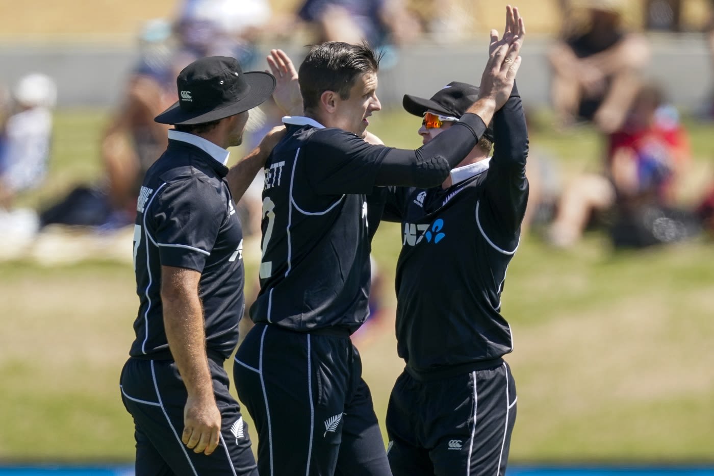 Hamish Bennett is congratulated for a dismissal