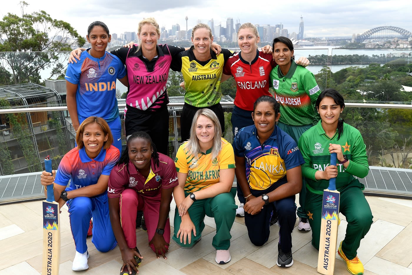 The captains of the competing teams at the Women's T20 World Cup: (front, L to R) Tippoch, Taylor, van Niekerk, Atapattu, Maroof; (back, L to R) Kaur, Devine, Lanning, Knight, Khatun