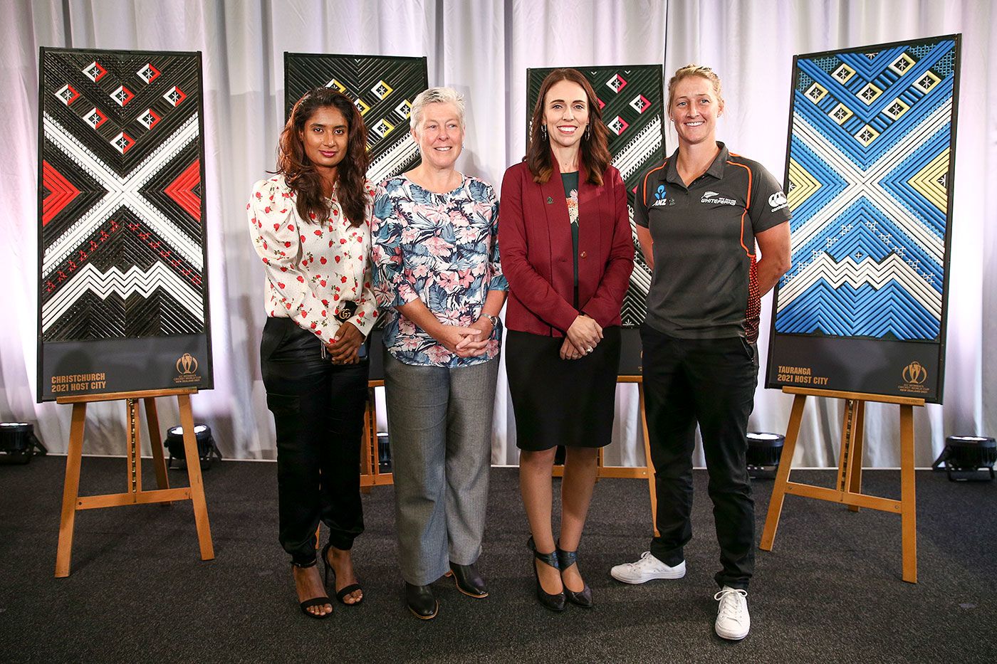 New Zealand Prime Minister Jacinda Ardern with Sophie Devine, Mithali Raj and Debbie Hockley at the World Cup launch