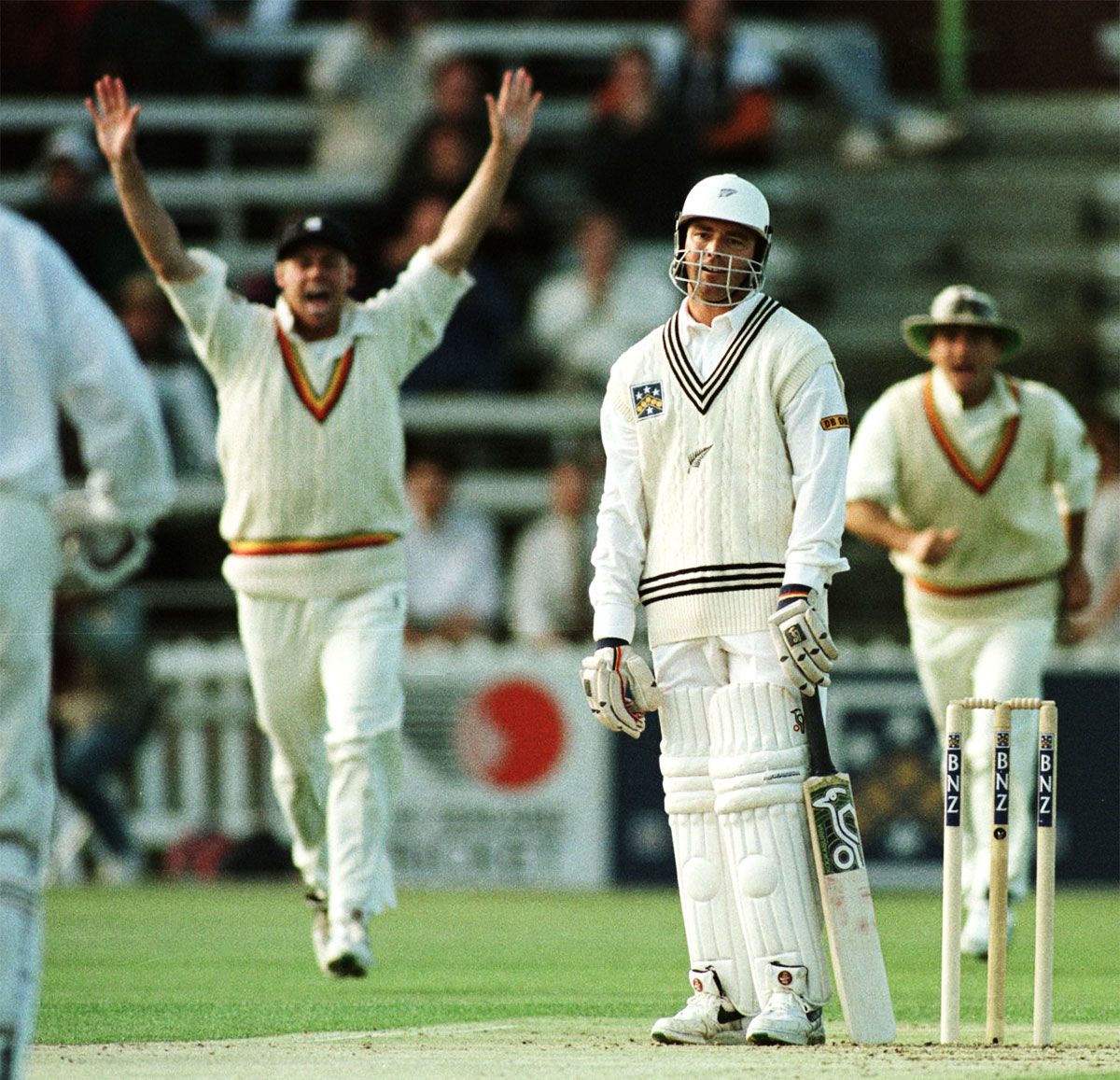 Lee Germon is disappointed to be given out caught behind off Andrew Caddick