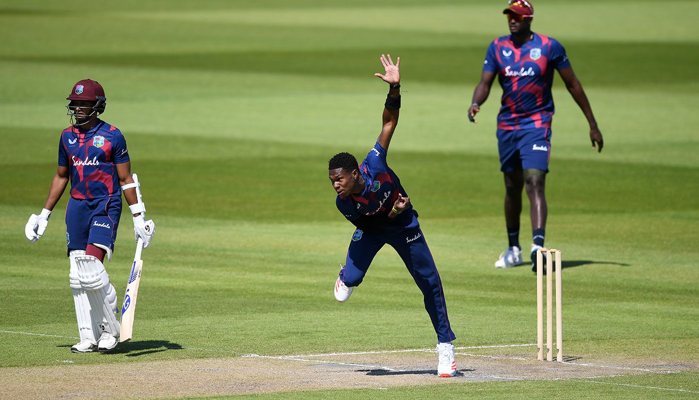 Keon Harding bowls during Windies' warm-up