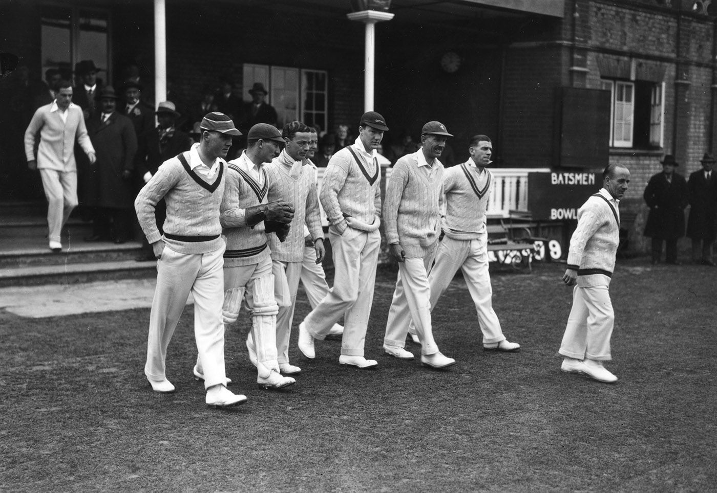 Hopper Levett (with gloves) follows Alfred 'Tich' Freeman onto the field as part of the A P Freeman XI playing West Indies at Gravesend in 1933