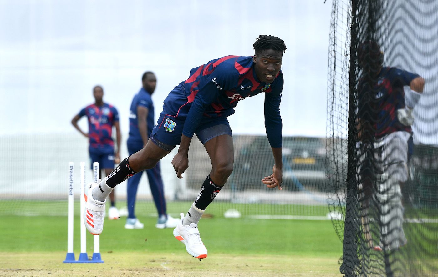 Chemar Holder bowls in the nets before the second Test