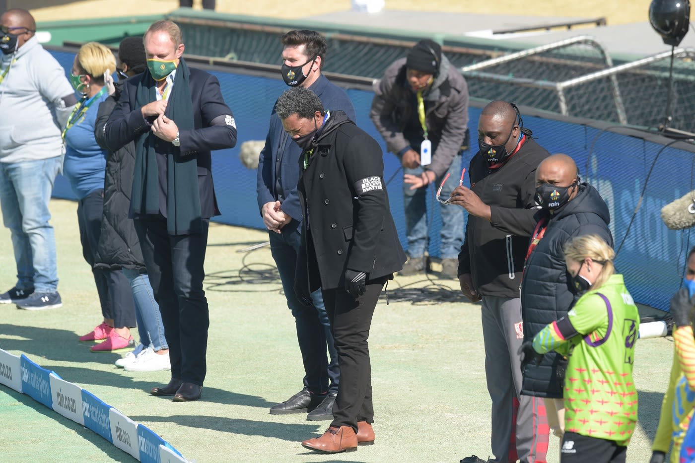 Makhaya Ntini and Graeme Smith join the rest of those present at SuperSport Park in showing solidarity with the Black Lives Matter movement