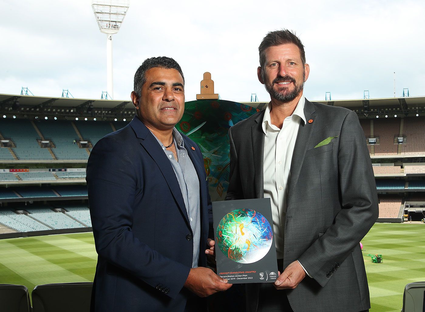 Justin Mohamed with Michael Kasprowicz at the launch of Cricket Australia's reconciliation action plan