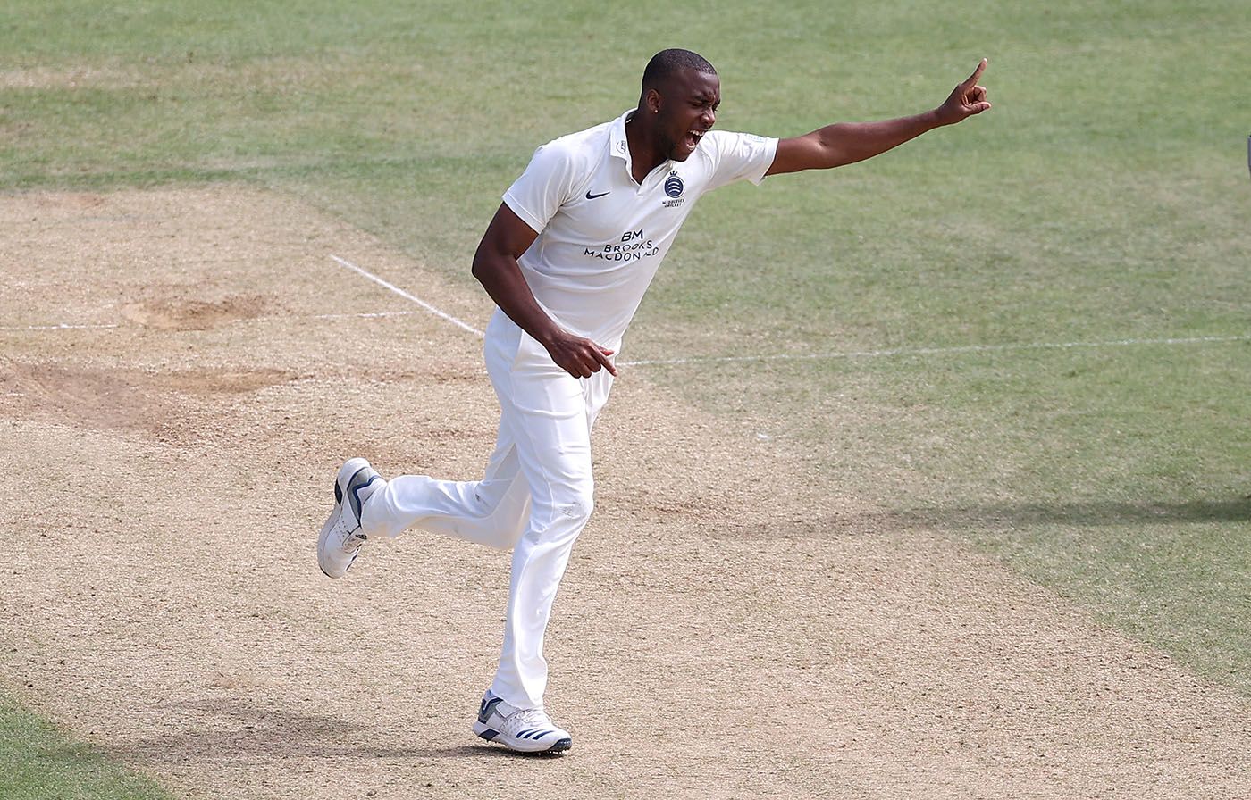 Miguel Cummins celebrates a wicket