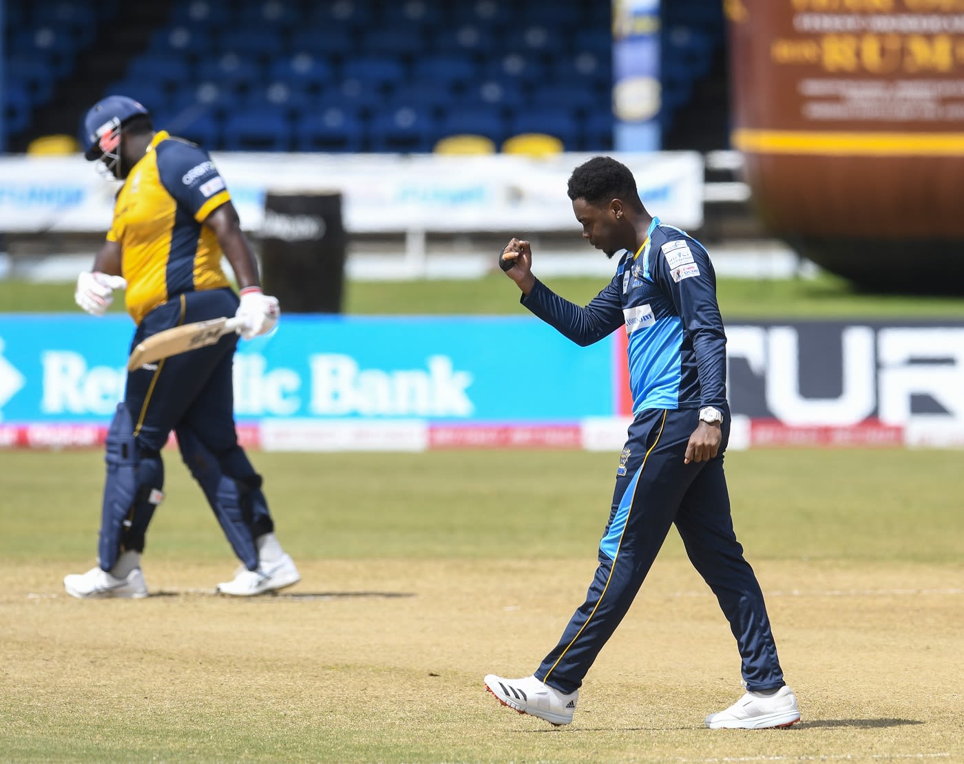 Joshua Bishop celebrates after dismissing Rahkeem Cornwall in the first over