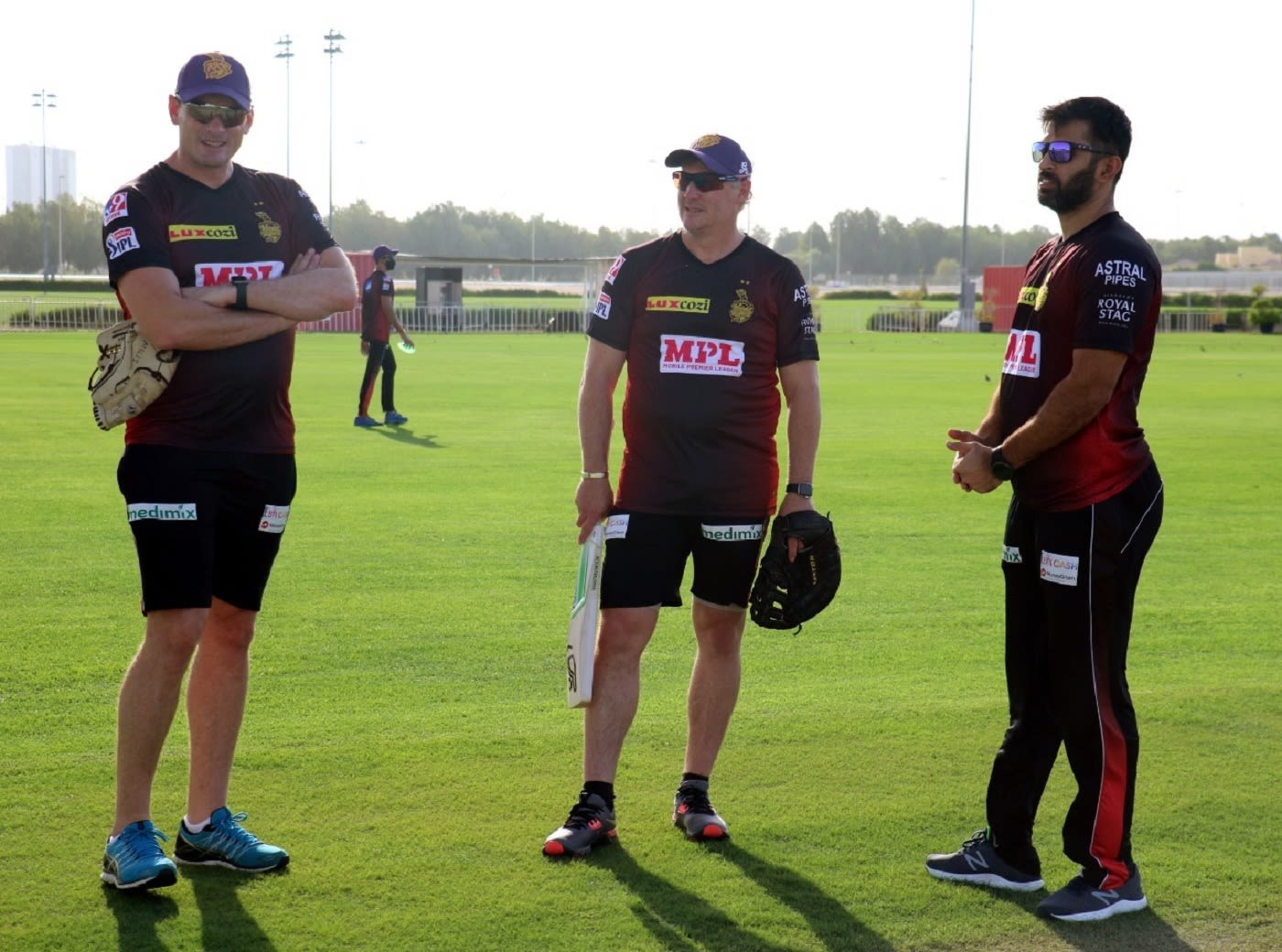Kyle Mills, David Hussey and Abhishek Nayar attend a Knight Riders training session