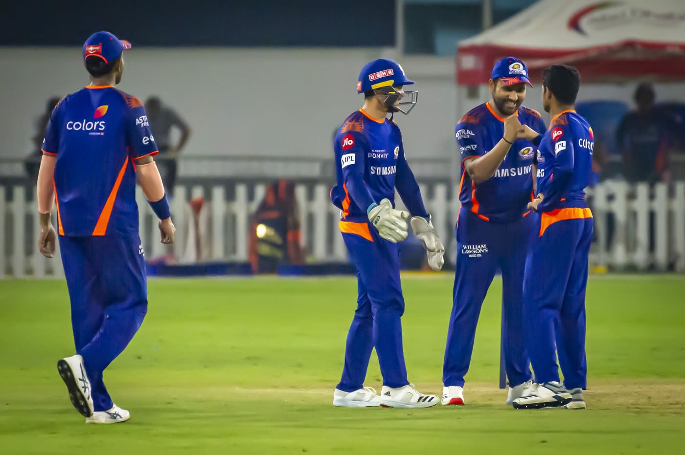 Quinton de Kock, Rohit Sharma and Prince Balwant Rai celebrate during an intra-squad practice game