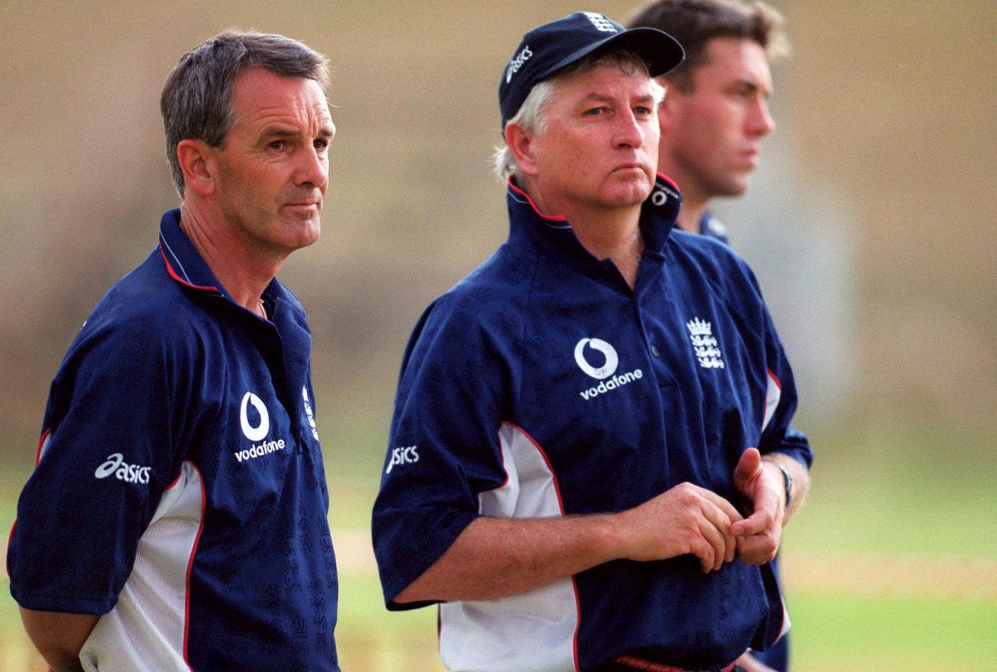 Phil Neale alongside the first of his six England coaches, Duncan Fletcher. The most recent, Chris Silverwood, is in the background