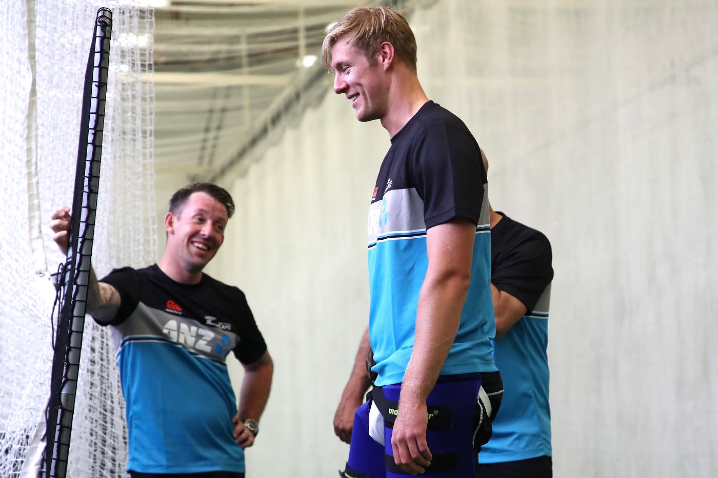 The long and the short of it: Kyle Jamieson and Luke Ronchi find a reason to smile