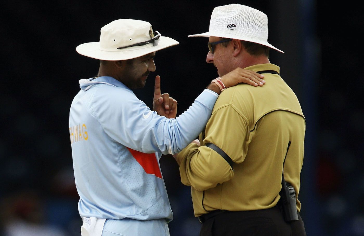 Virender Sehwag has a word with umpire Ian Howell