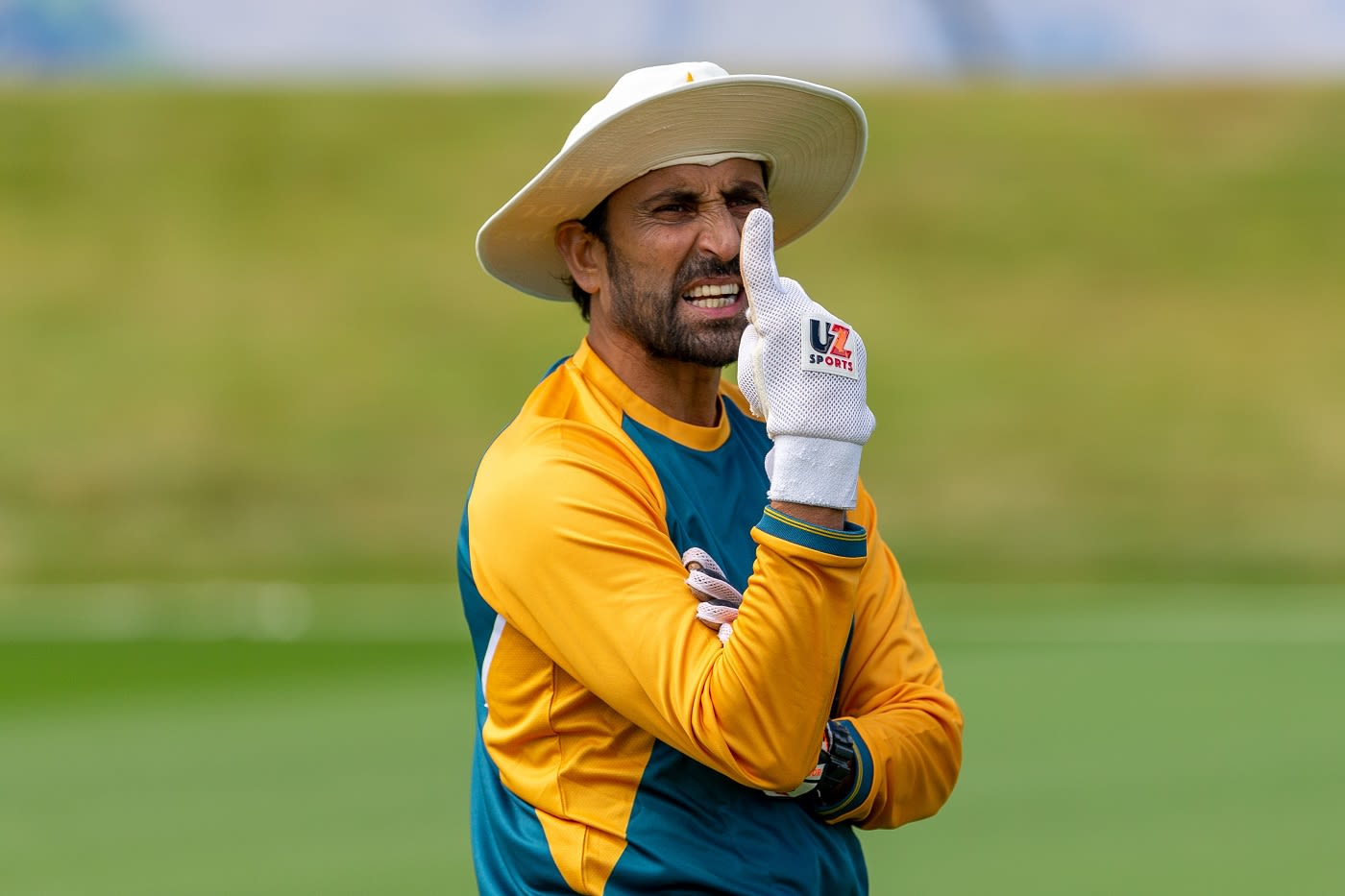 Younis Khan gestures during a fielding session