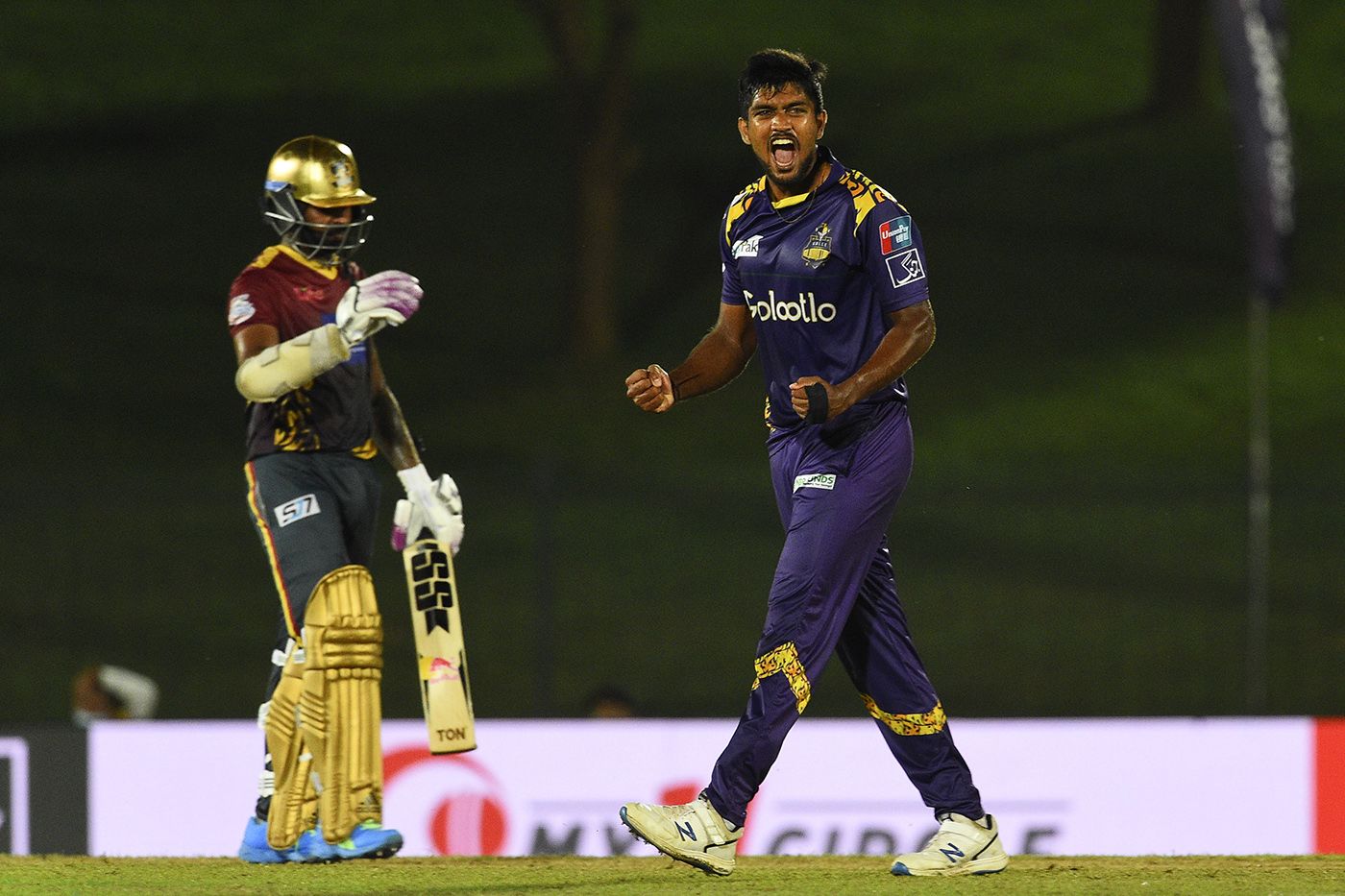 Dhananjaya Lakshan celebrates the dismissal of Niroshan Dickwella