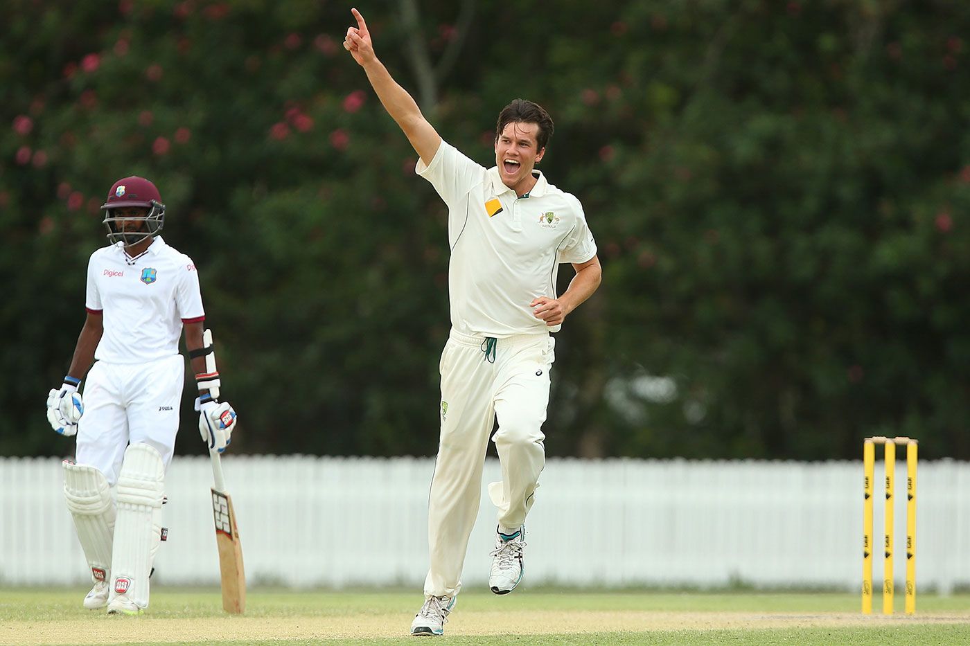 James Bazley takes a wicket against West Indies 