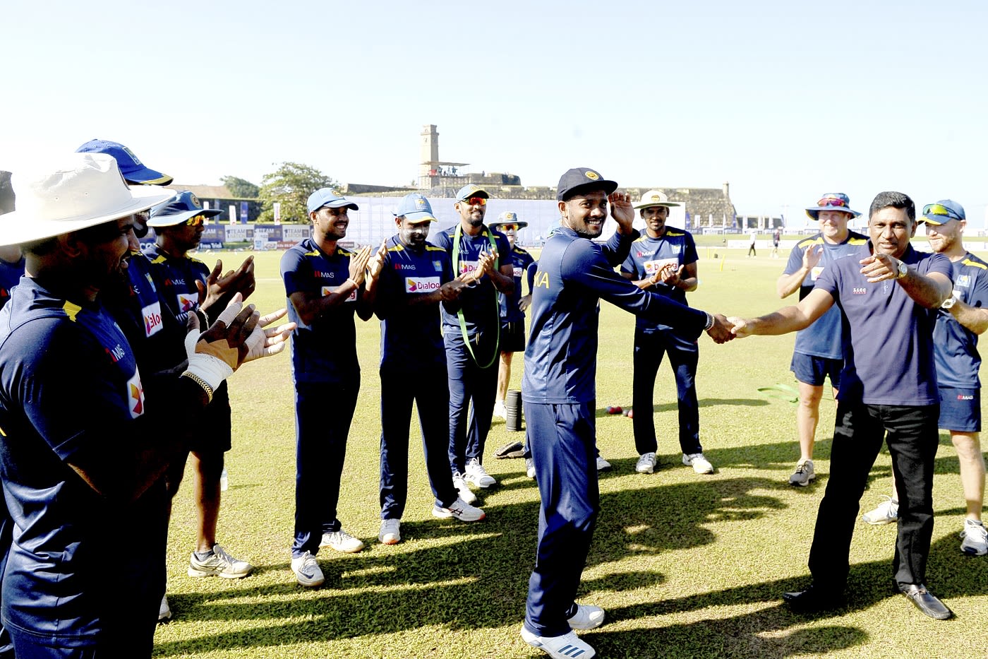 Ramesh Mendis receives his maiden Test cap from Ashantha de Mel