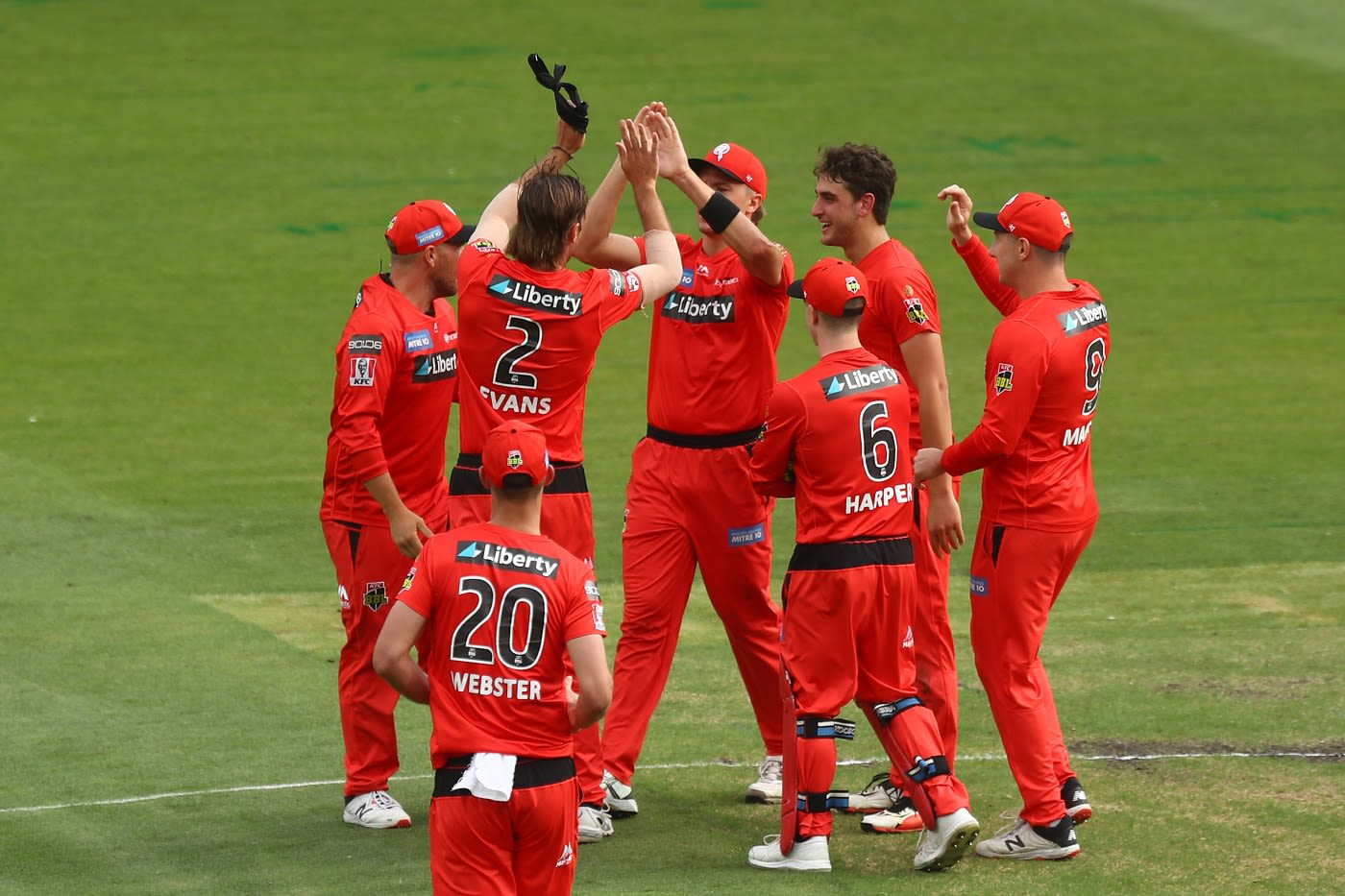 Zak Evans celebrates a wicket with his team-mates