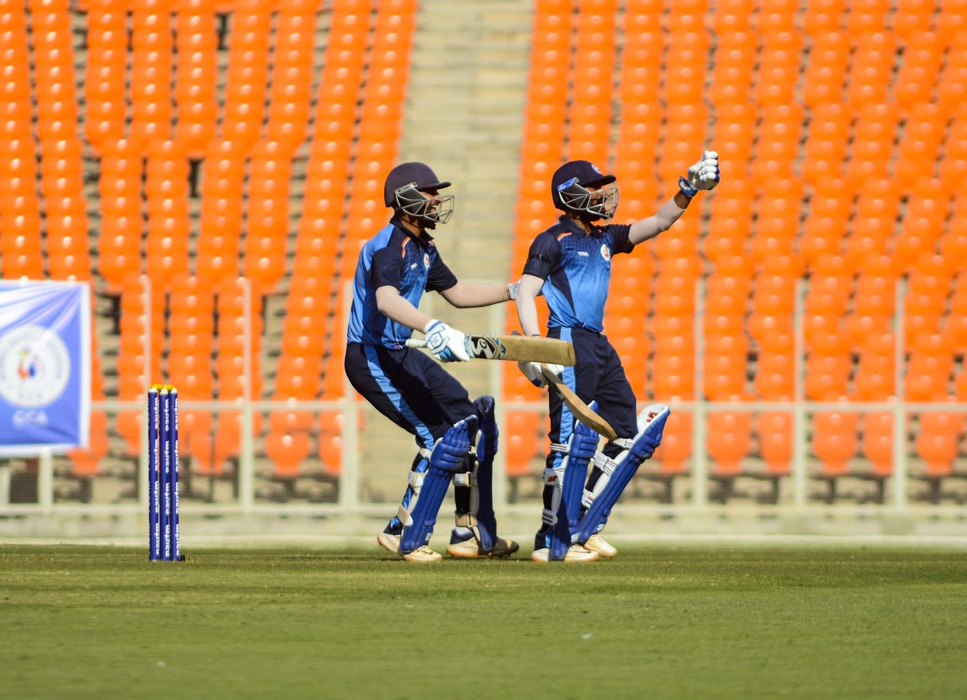 Vishnu Solanki and Abhimanyusingh Rajput celebrate after Baroda's thrilling win