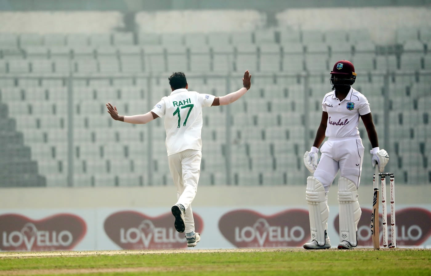 Abu Jayed celebrates the wicket of Jomel Warrican