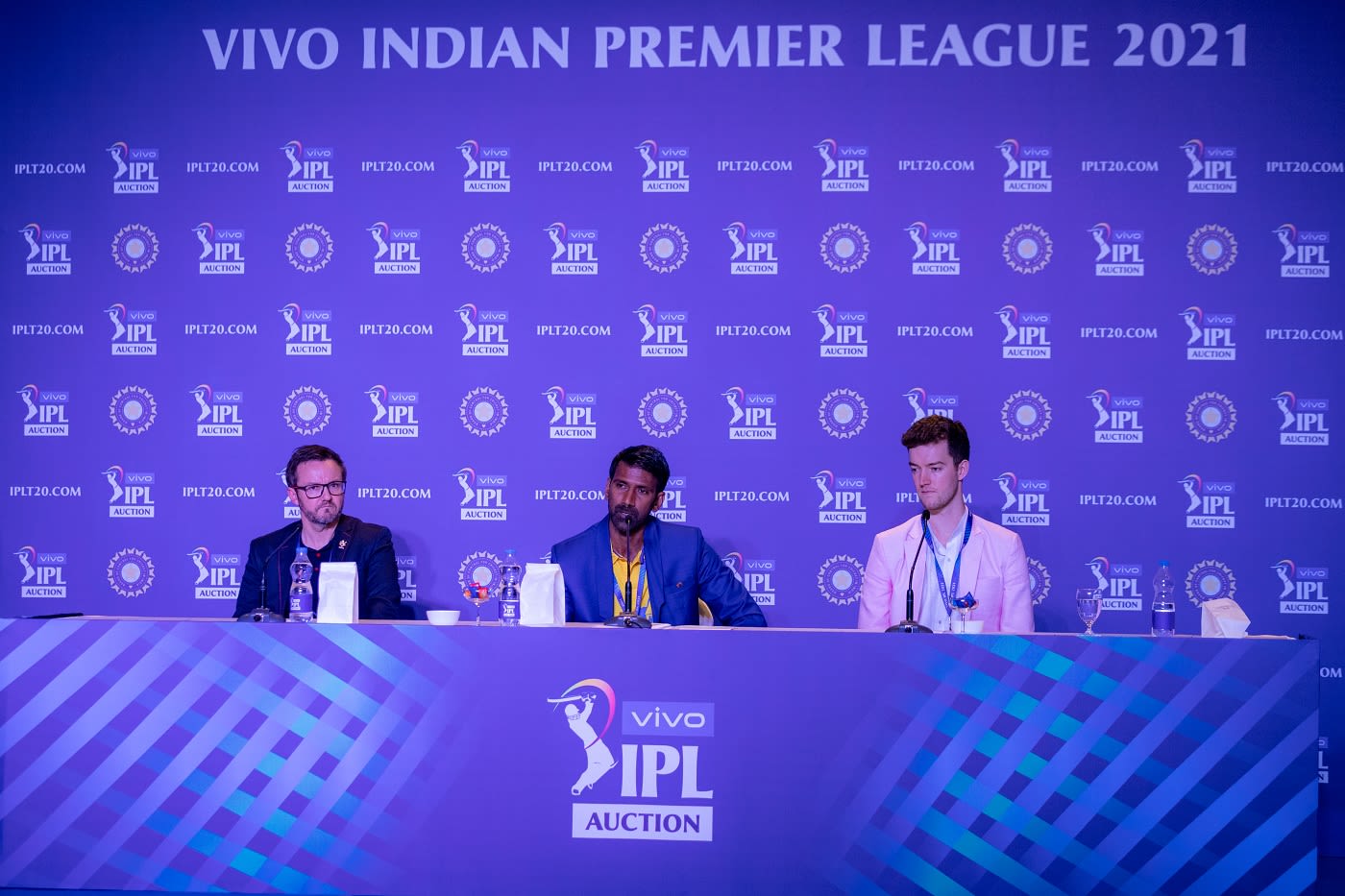 RCB's team director Mike Hesson, CSK's bowling coach L Balaji and Royals' COO Jake Lush McCrum attend a press conference during the IPL 2021 auction