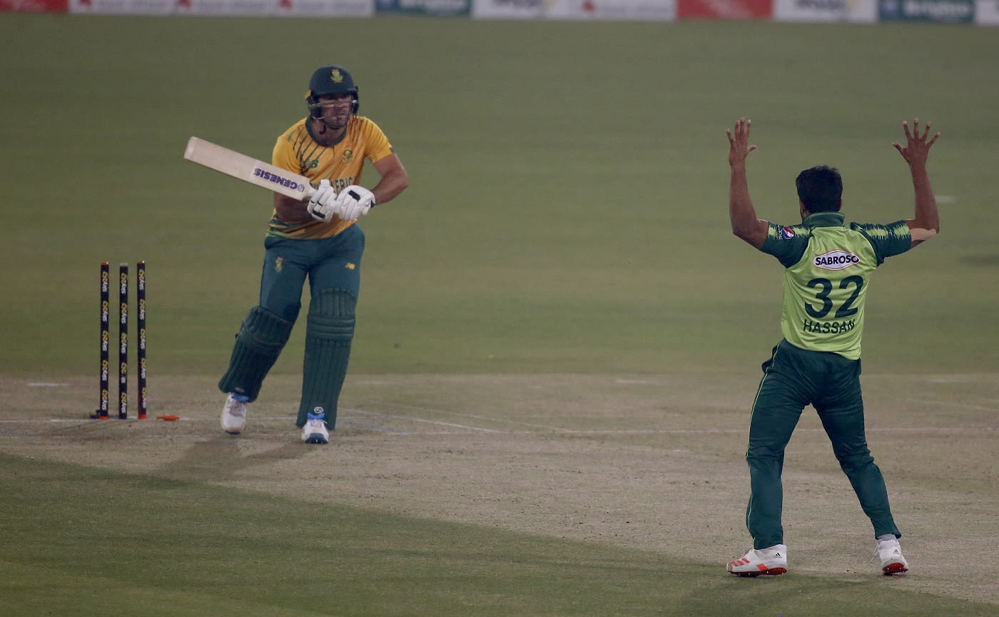 Hasan Ali celebrates Pite van Biljon's wicket