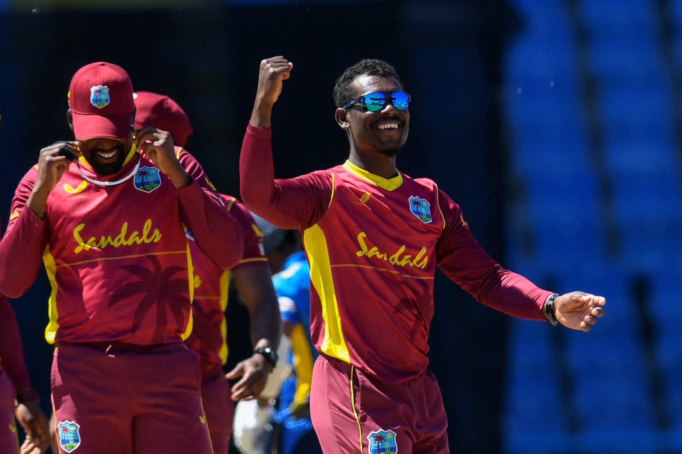 Jason Mohammed is all smiles after bowling Dimuth Karunaratne