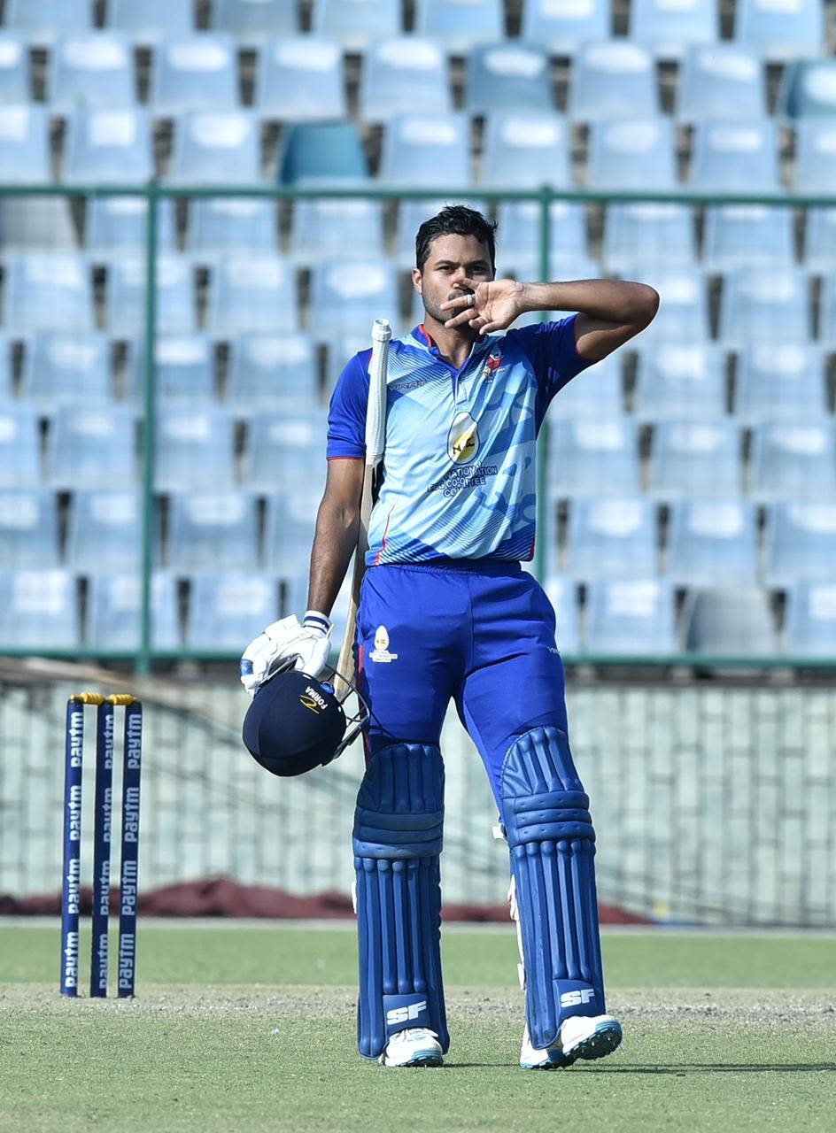 Aditya Tare is ecstatic after bringing up his hundred in the Vijay Hazare Trophy final