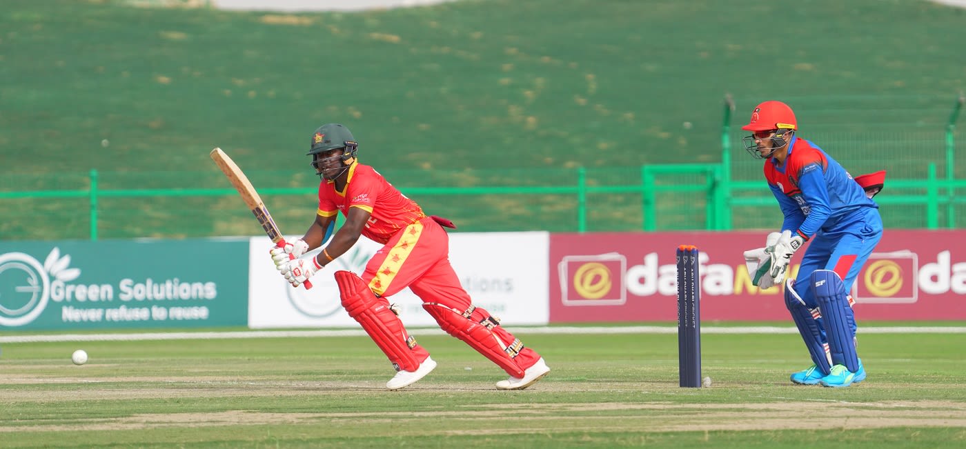 Tarisai Musakanda taps the ball in the direction of midwicket