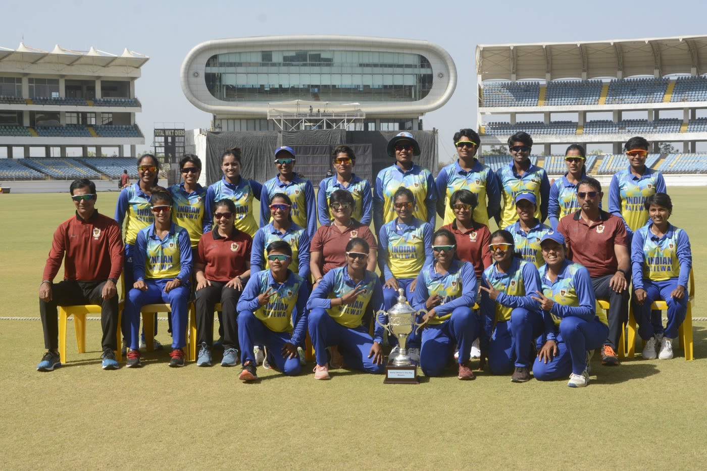 Railways, champions for the 12th time in the one-day format, pose with the winners' trophy