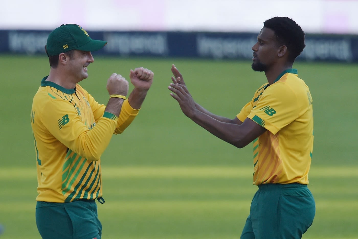 Pite van Biljon and Lizaad Williams celebrate a wicket