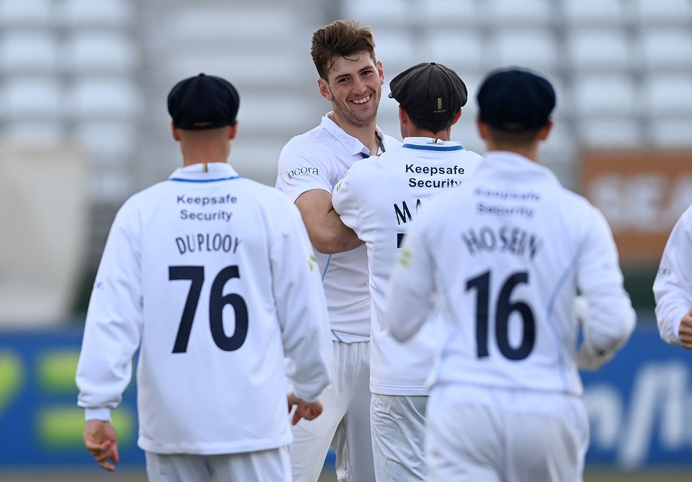 Ben Aitchison of Derbyshire celebrates dismissing Joe Clarke of Nottinghamshire