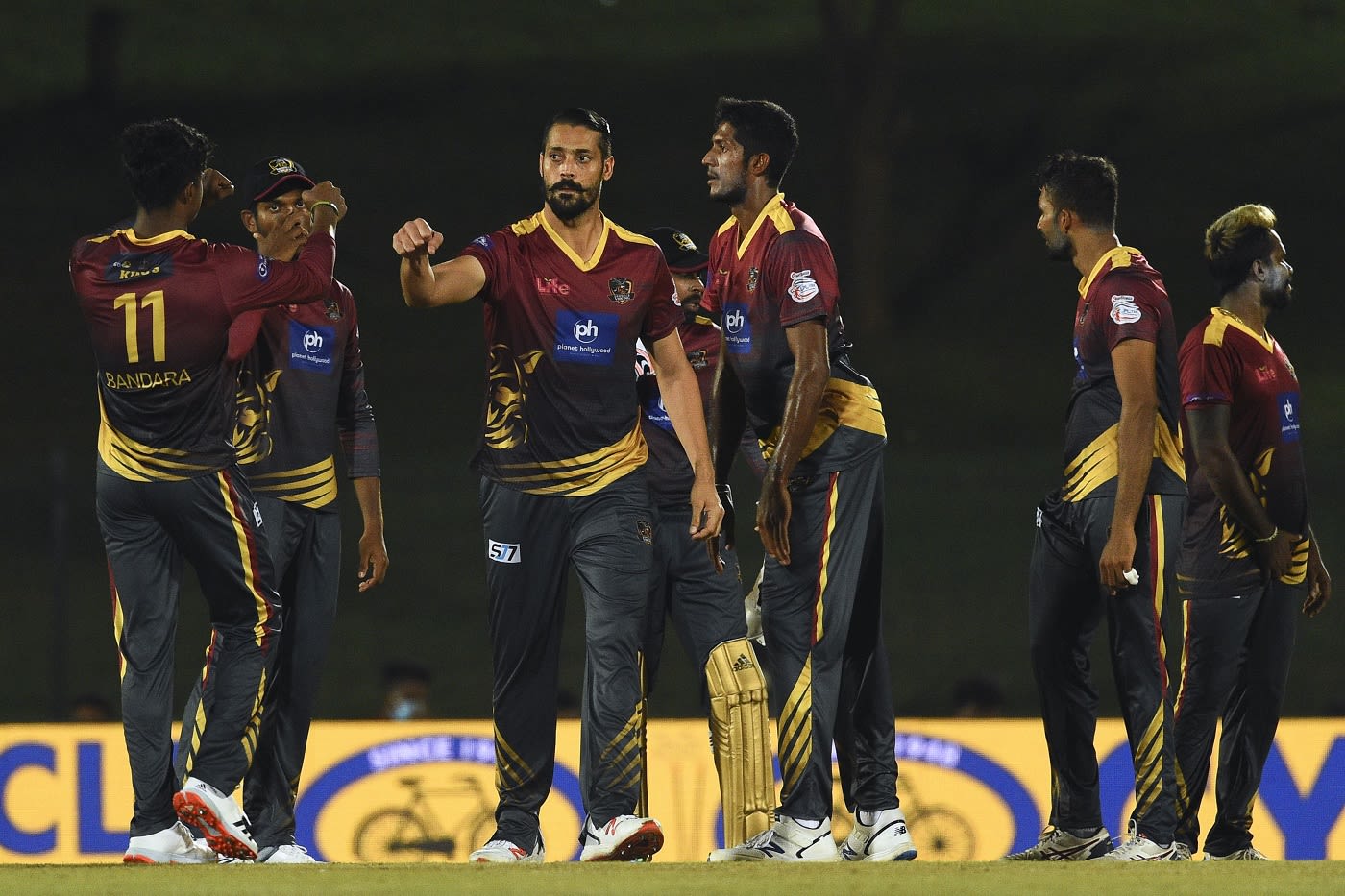 Dambulla Viiking's Anwar Ali celebrates a wicket with his team-mates