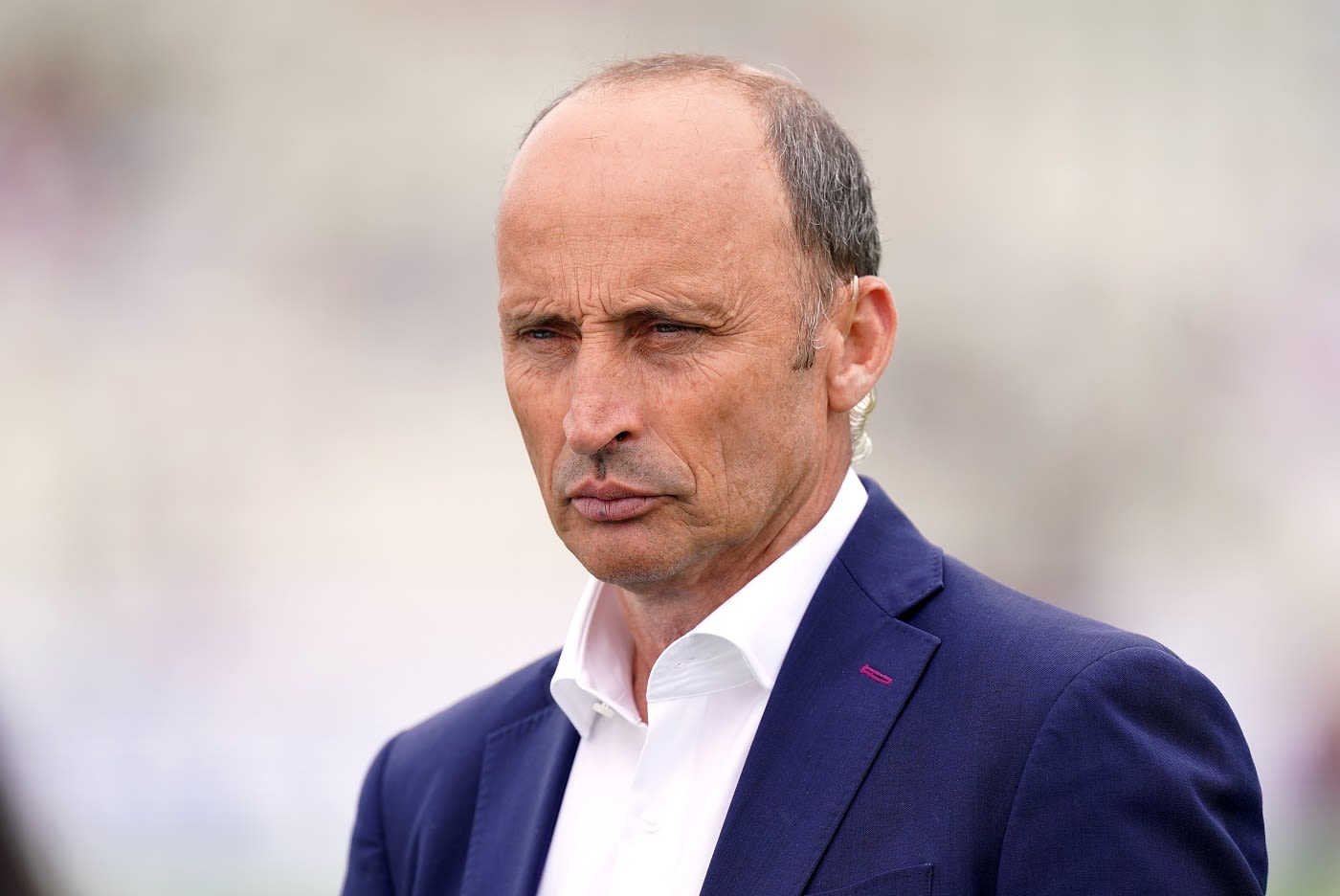 Nasser Hussain, part of the Sky Sports broadcast team, looks on