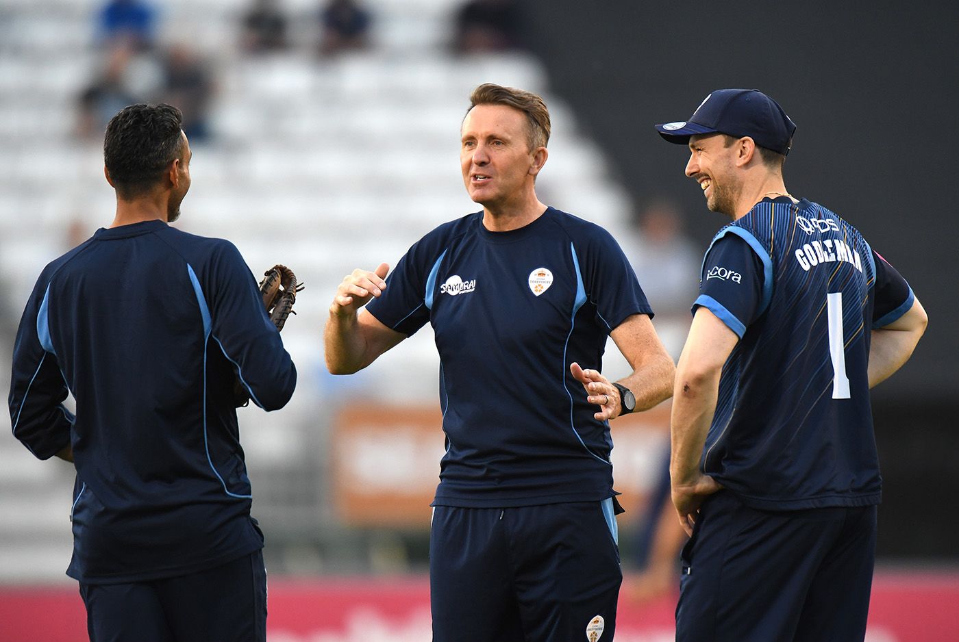 Ajmal Shahzad, Dominic Cork and Billy Godleman are all smiles