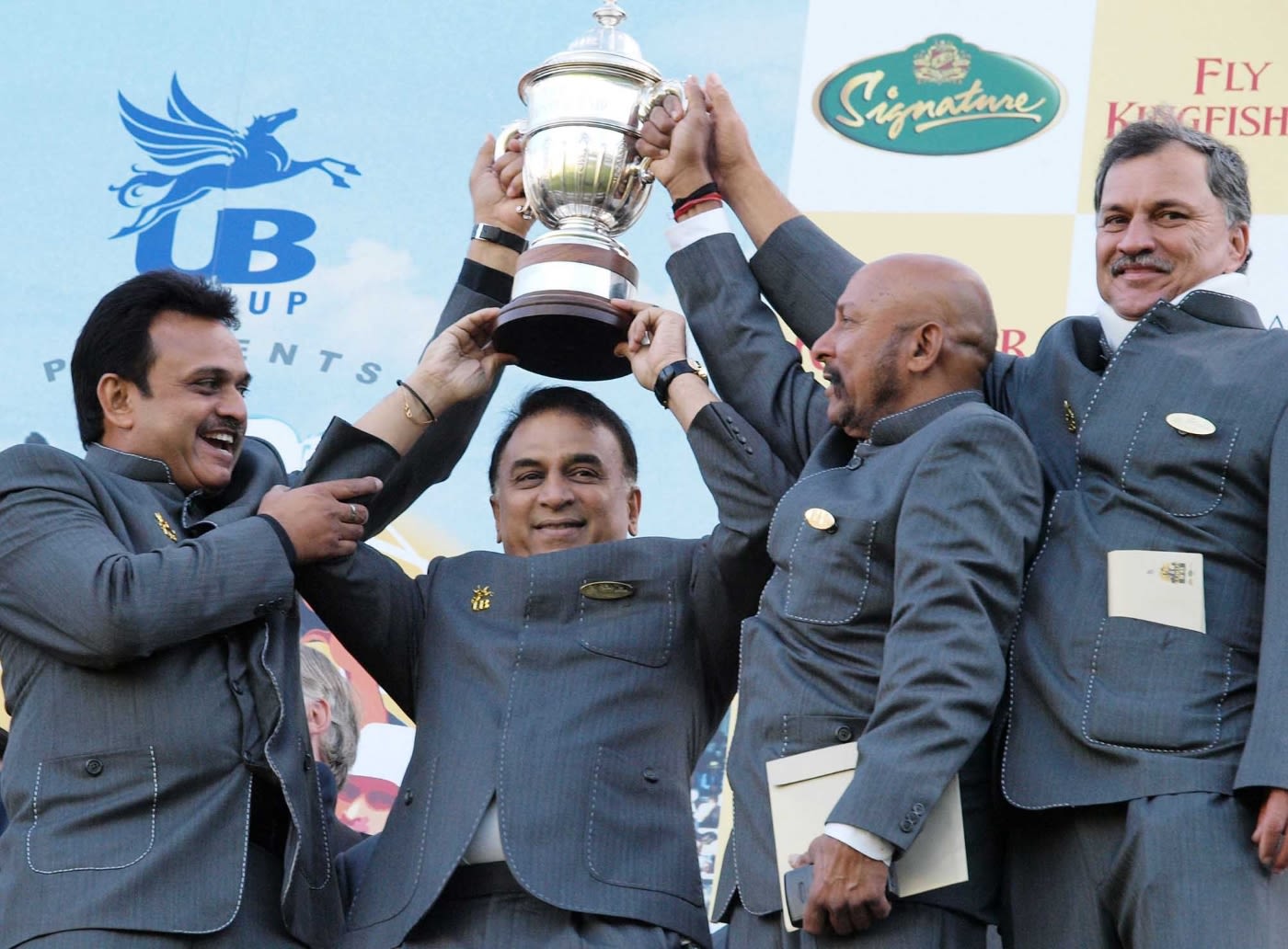 Yashpal Sharma, Sunil Gavaskar, Syed Kirmani and Roger Binny at a reunion of India's 1983 World Cup-winning squad at Lord's, on the 25th anniversary of the final