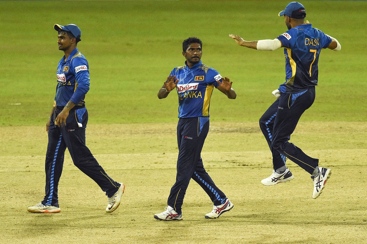 Lakshan Sandakan celebrates after dismissing Suryakumar Yadav