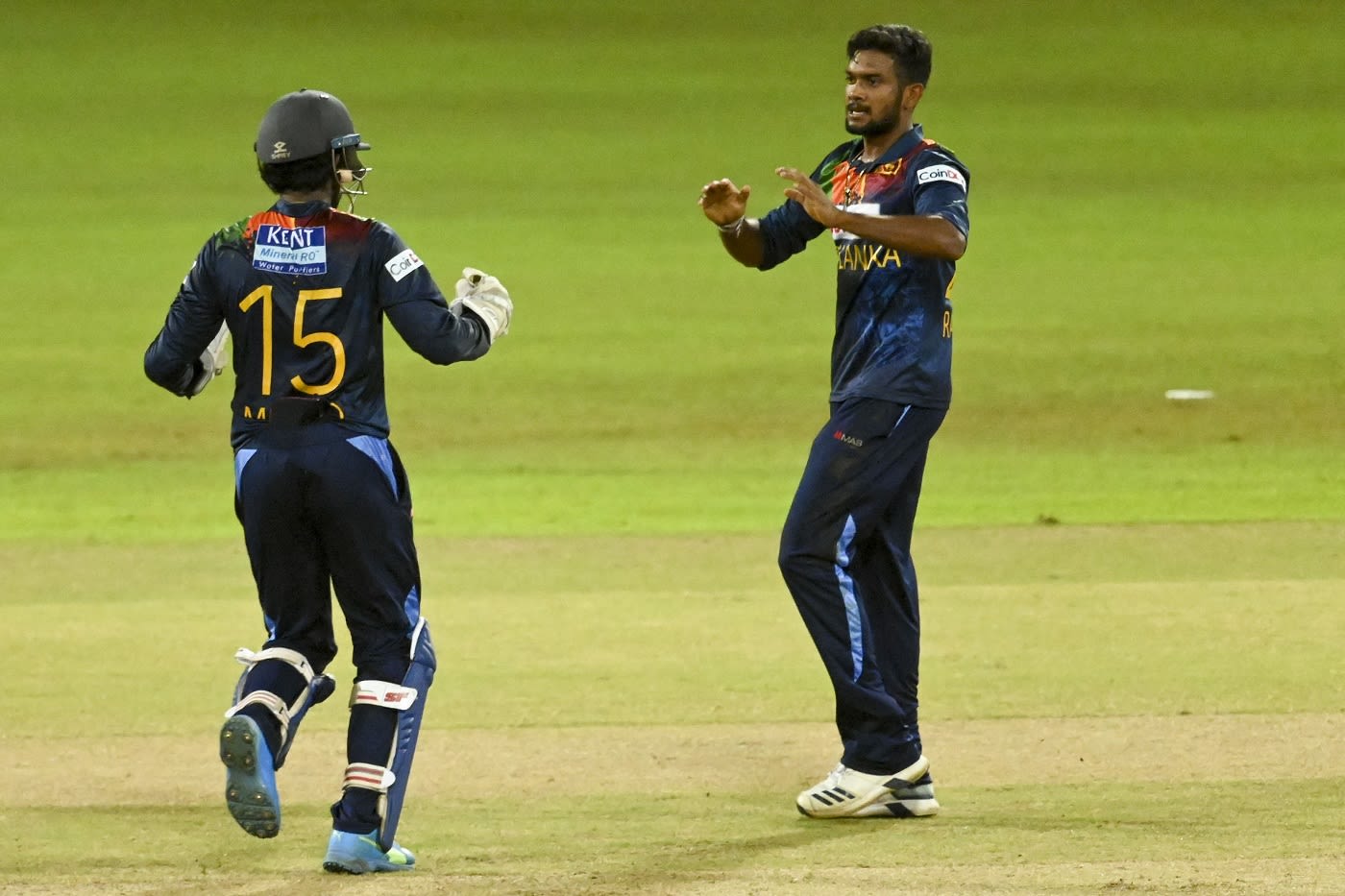 Ramesh Mendis celebrates with Minod Bhanuka after the dismissal of Devdutt Padikkal