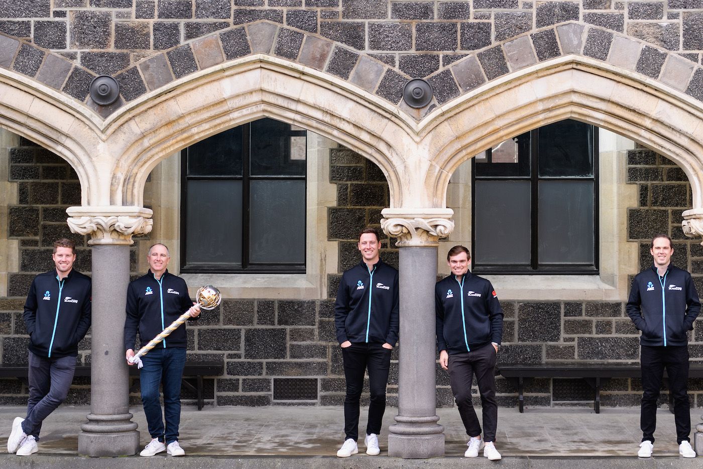 Henry Nicholls, Gary Stead, Matt Henry, Tom Latham and Todd Astle with the WTC mace