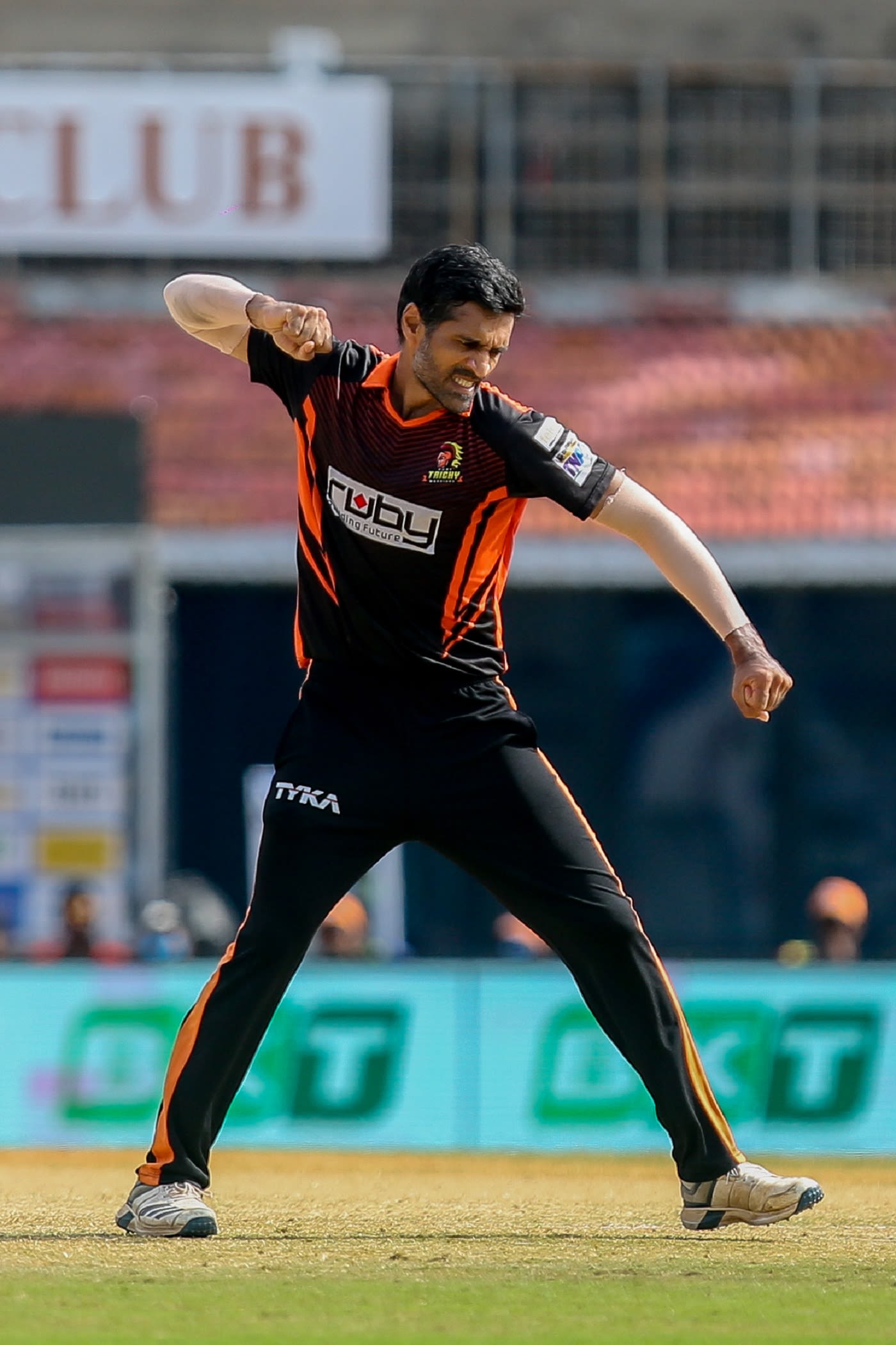 Ruby Trichy Warriors captain Rahil Shah celebrates after taking a wicket